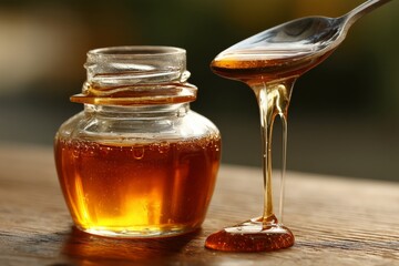 Golden honey drips from a spoon over a glass jar, showcasing natural sweetness in a rustic setting