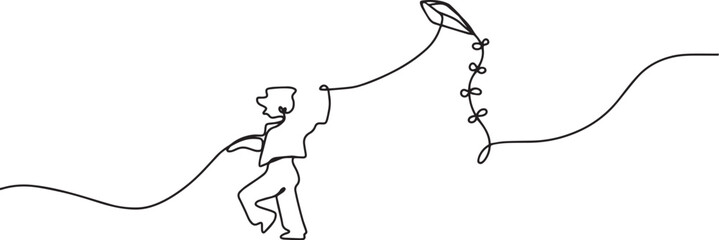 decorative one line continuous children playing kite kid childhood