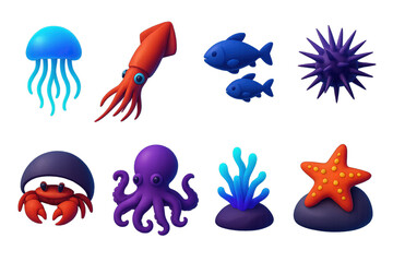 Underwater marine 3d icons set – aquatic, ocean, sea life visuals