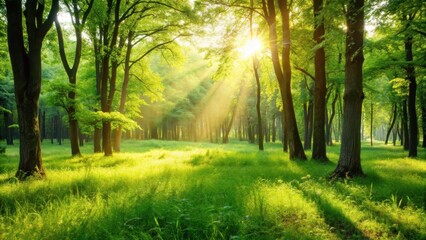 Lush green forest grass swaying gently in the warm sunlight filtering through the trees , nature, green forest