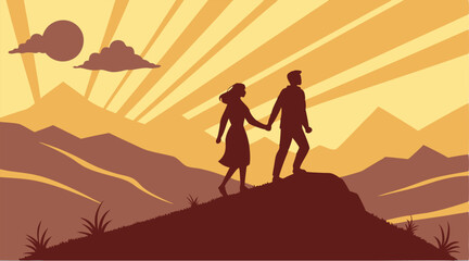 Romantic Couple Silhouette on Mountain Peak at Sunset