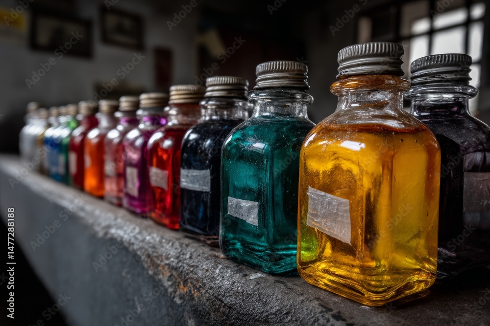 Poster colorful glass bottles filled with vibrant inks displayed on a shelf in an art studio for creative p