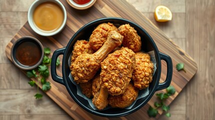 Golden fried chicken displayed in dark bowl served with various sauces, placed upon a wooden table.