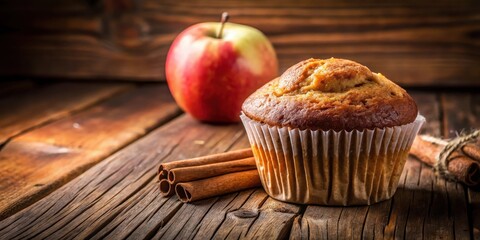 Warmly lit, single apple cinnamon muffin on a rustic wooden table , kitchen, muffin,  kitchen, muffin, breakfast, dessert