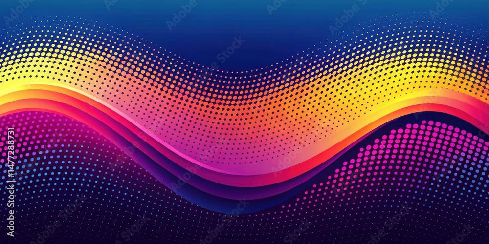 Poster abstract vibrant waveform design with dynamic halftone dots and gradient color scheme featuring smoo