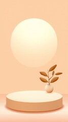 Podium stage motivation. Minimalist scene with a round podium, a small potted plant, and a large glowing circle on a soft peach background.
