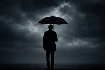 Silhouette of a man with umbrella against a stormy and cloudy sky
