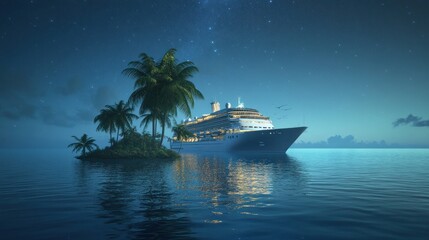 Obraz premium Luxurious cruise ship at night, tropical island