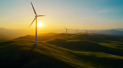 Obraz premium Scenic View of Wind Turbines at Sunrise Over Rolling Green Hills