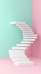Podium stage motivation. Minimalist white spiral staircase against pastel pink and mint green walls in a modern, abstract interior.