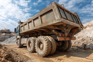 Obraz premium Heavy-duty dump truck transporting materials at a construction site on a sunny day