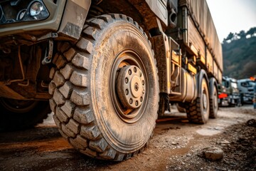 Heavy-duty truck tire on a rugged road at sunset in a construction zone with multiple vehicles