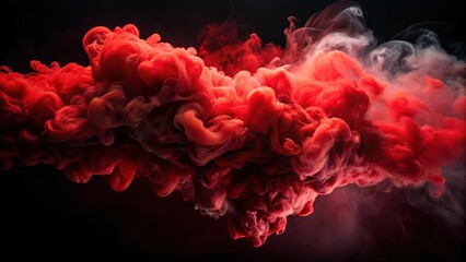 Obraz premium Dense red smoke swirling in mid-air against a stark black background with wispy red cloud formations, abstract, mysterious
