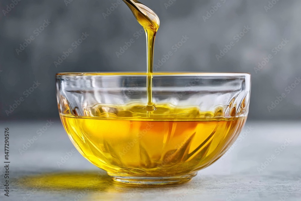 Poster golden honey drips from a spoon into a clear bowl in a simple kitchen setup during daylight hours