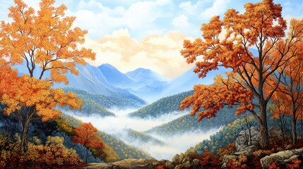 Smoky Mountains in fall, mist weaving through fiery orange and yellow deciduous trees