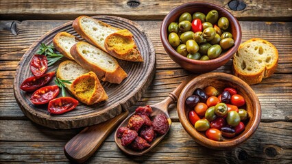 Rustic Wooden Board with Slices of Bread, Sun-Dried Tomatoes, Olives, and Spicy Chorizo