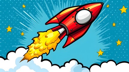 Colorful pop art style cartoon rocket flying in sky - Vector illustration for children's book cover or educational content