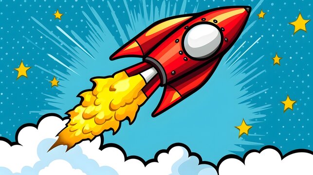 Colorful pop art style cartoon rocket flying in sky - Vector illustration for children's book cover or educational content