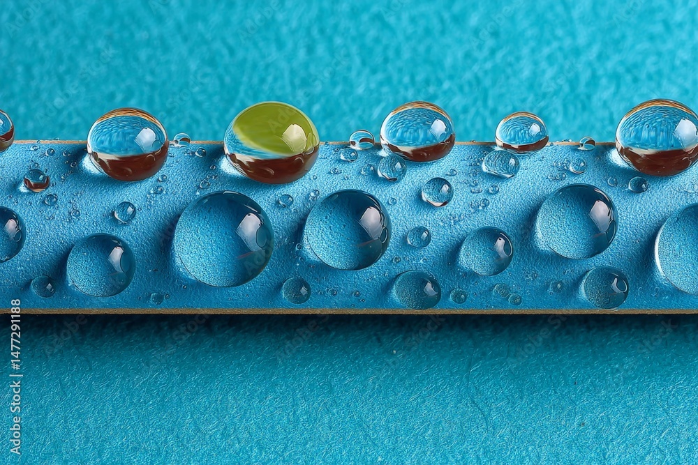 Poster close-up view of water droplets on a blue surface showcasing texture and detail during daytime