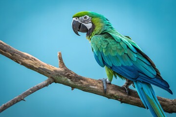 A colorful blue and yellow macaw ara, a tropical parrot bird with a strong beak and vibrant feathers, showcases its gold hues in nature