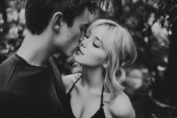 Fototapeta premium Romantic moment between a couple in a lush outdoor setting during golden hour lighting