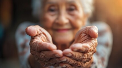 Elderly woman offering open hands