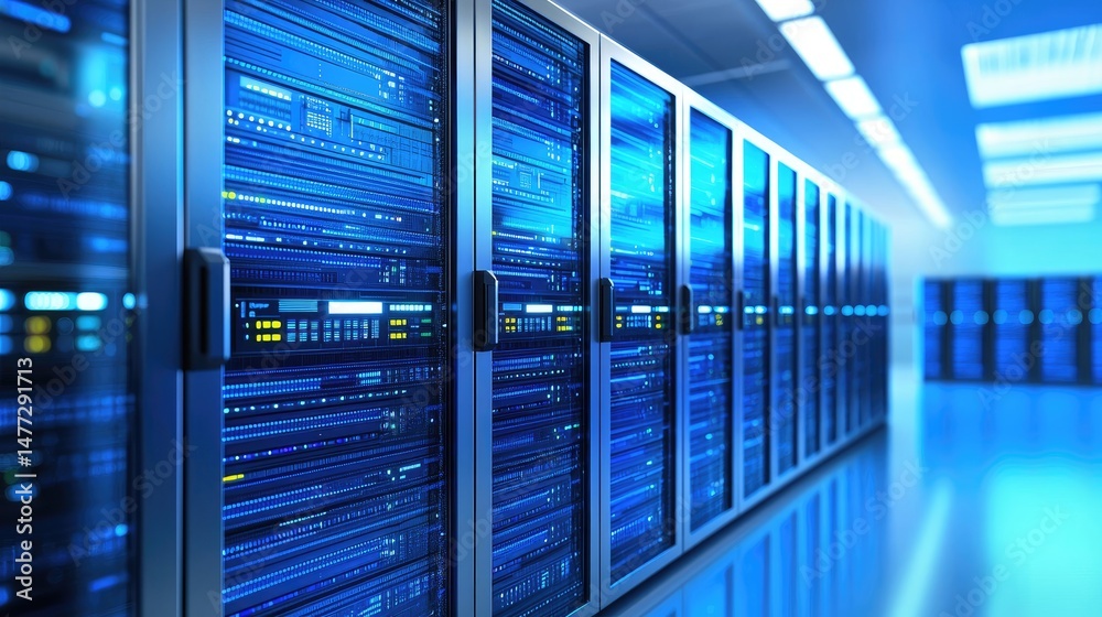 Poster Advanced blue-lit server room with organized racks and glowing interface panels, perfect for illustrating cloud platforms, data centers, or secure IT infrastructure environments