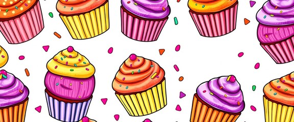 A cheerful, seamless pattern of hand-drawn cupcakes adorned with colorful confetti sprinkles, background, design