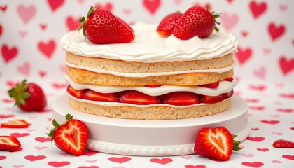 Layers of strawberry cake, hearts, sweet pattern, empty space,  high quality,  isolated