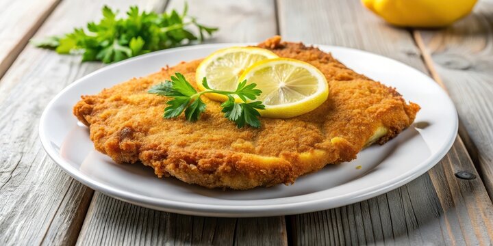 Argentinian milanesa on plate with lemon slice on top, Argentinean food, milanesa