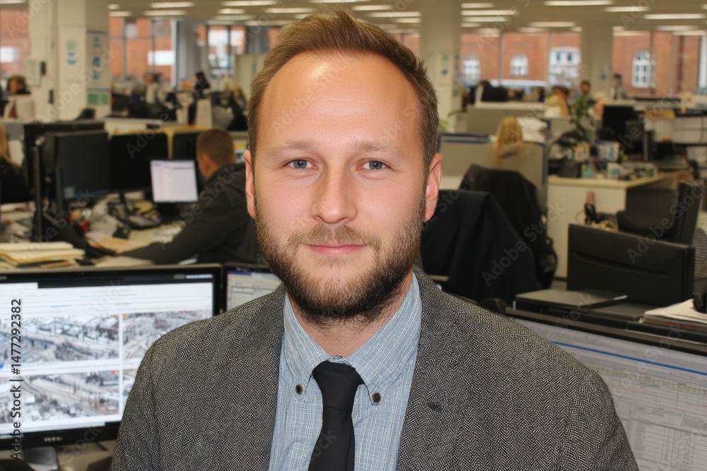 Aufkleber professional man posing in a modern office environment with colleagues working in the background dur
