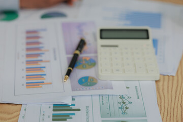 Corporate professionals in a strategy meeting analyzing charts and financial data, showcasing themes of business consulting, teamwork, and leadership development.