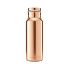 Gleaming copper bottle with grey band and lid stands vertically on a black background