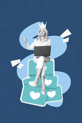 Trendy Collage of joyful person surrounded by social media like icons illustrating influencer...