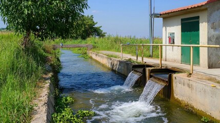 Fototapeta premium Stream of purified water flowing from treatment facility into natural riverbed