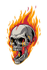 Fiery skull illustration depicting flames surrounding a human skull head in a bold vector design.