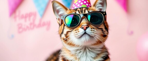 A cute cat in festive sunglasses, celebrating his birthday Happy birthday pet portrait, birthday, may