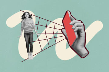 Banner poster collage of person in spider web from gadget on color background