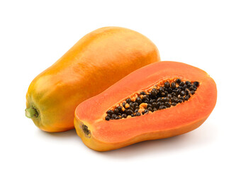 Ripe papaya with cut in half isolated on white background. 