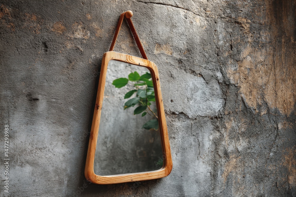 Poster natural reflection in a rustic wooden mirror showcasing greenery against a textured wall in a cozy i