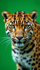 Obraz premium Detailed Jaguar Portrait with Intense Gaze and Spotted Fur on Green Background