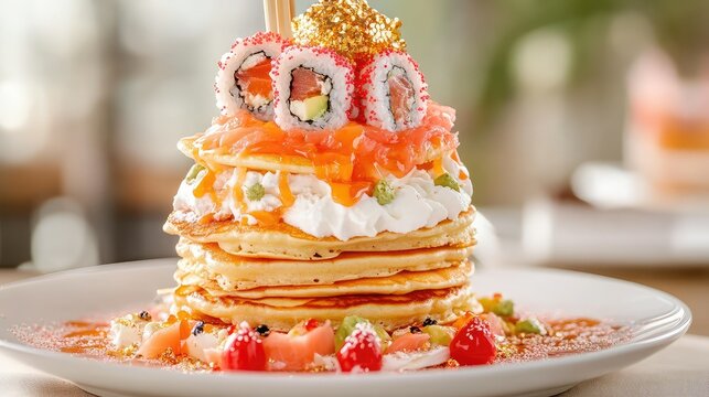 Unexpected stack of pancakes topped with glitzy sushi rolls and whipped cream, playful and surreal presentation