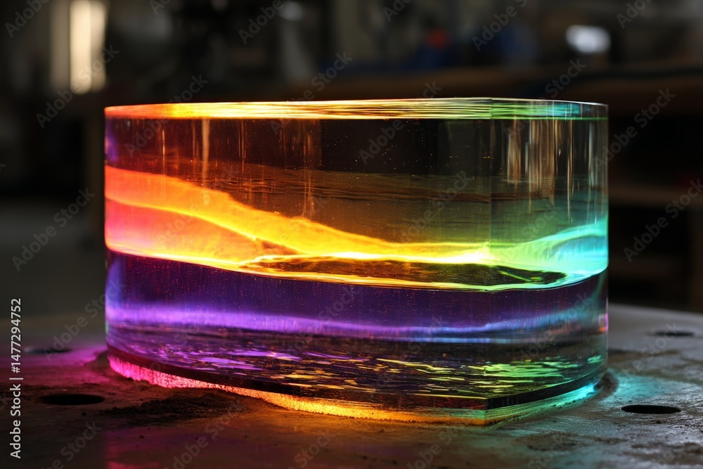 Aufkleber Colorful rainbow resin block illuminated in a workshop environment showing unique light refraction and reflection effects