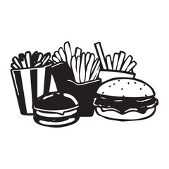 Black and White Fast Food Icons Isolated on Transparent PNG Background Ideal for Food Menu Designs or Restaurant Branding