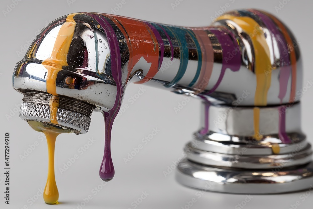 Poster colorful paint drips from a shiny metallic faucet showcasing a creative blend of artistic expression