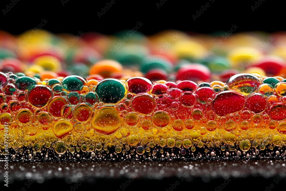 Poster Colorful bubbles create a vibrant abstract texture with glossy reflections against a dark background