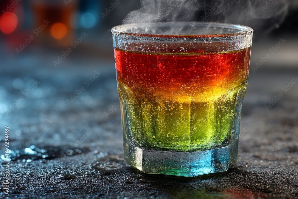 Poster colorful layered drink with steam, served in a clear glass on a textured surface at a lively bar in 