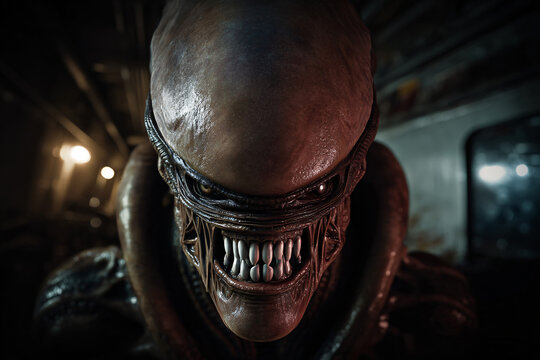 Space, alien and face of futuristic sci fi character from galaxy, universe or dark secret conspiracy. Science, fantasy and creative illustration of extraterrestrial cosmic monster with creepy eyes