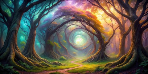 vibrant swirling vortex of colors in the center of a dreamy misty forest, surrounded by towering trees with gnarled branches and twisted trunks , nature, dreamlike