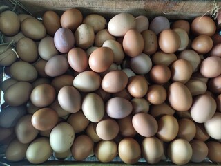 A pile of chicken eggs in a wooden box.